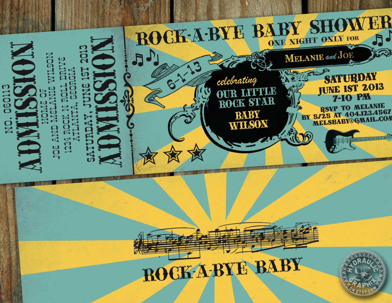 Rock n Roll Baby shower Ticket Invitation - Rock-a-Bye Baby themed party, baby shower with guitar and music notes Il_170x135
