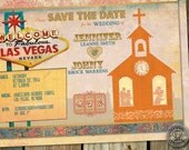 Las Vegas Wedding Chapel Save the Date Postcard with Elvis, clock, bride and groom Il_170x135