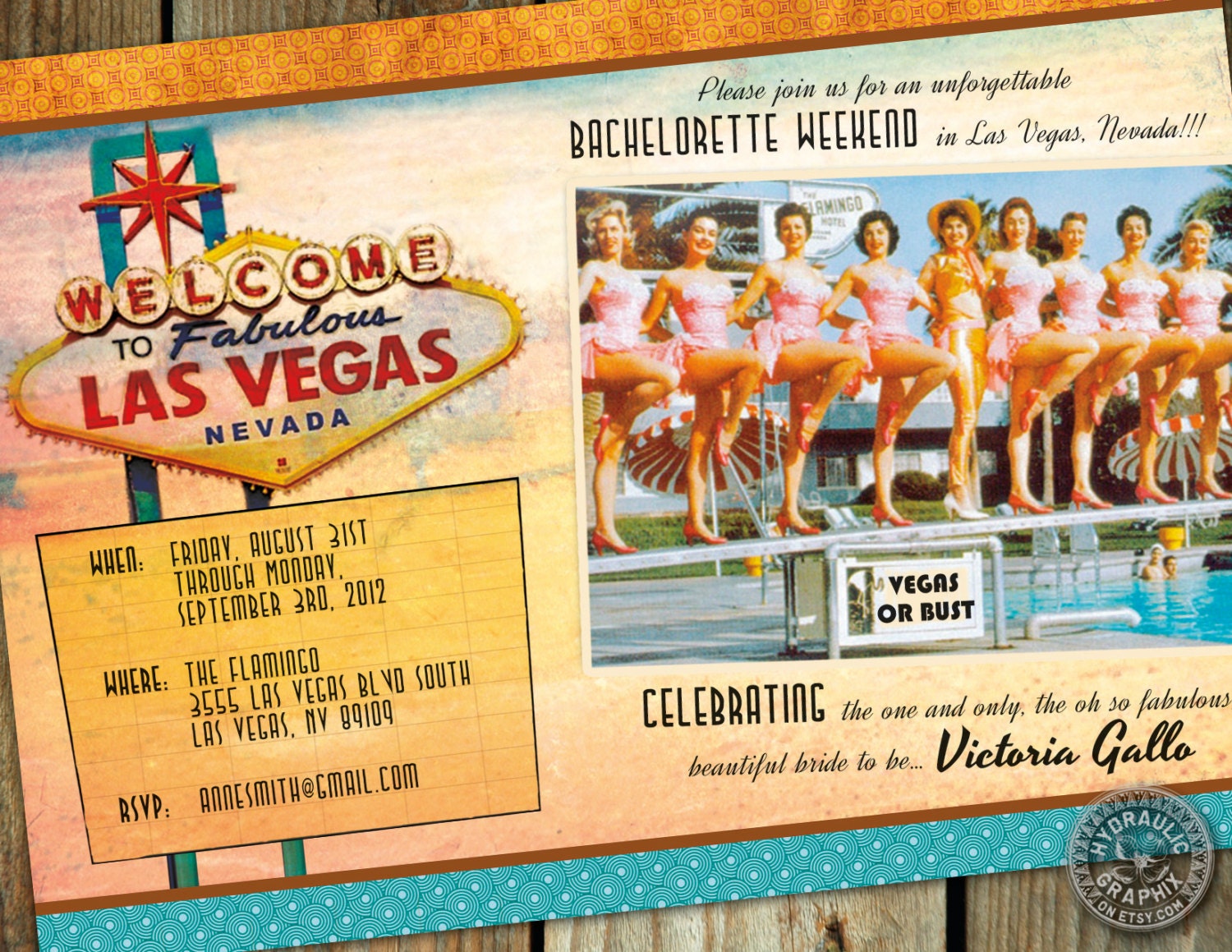 Bachelorette Party in Las Vegas vintage, retro invitation pinup girls at pool add limo and other details Il_570xn