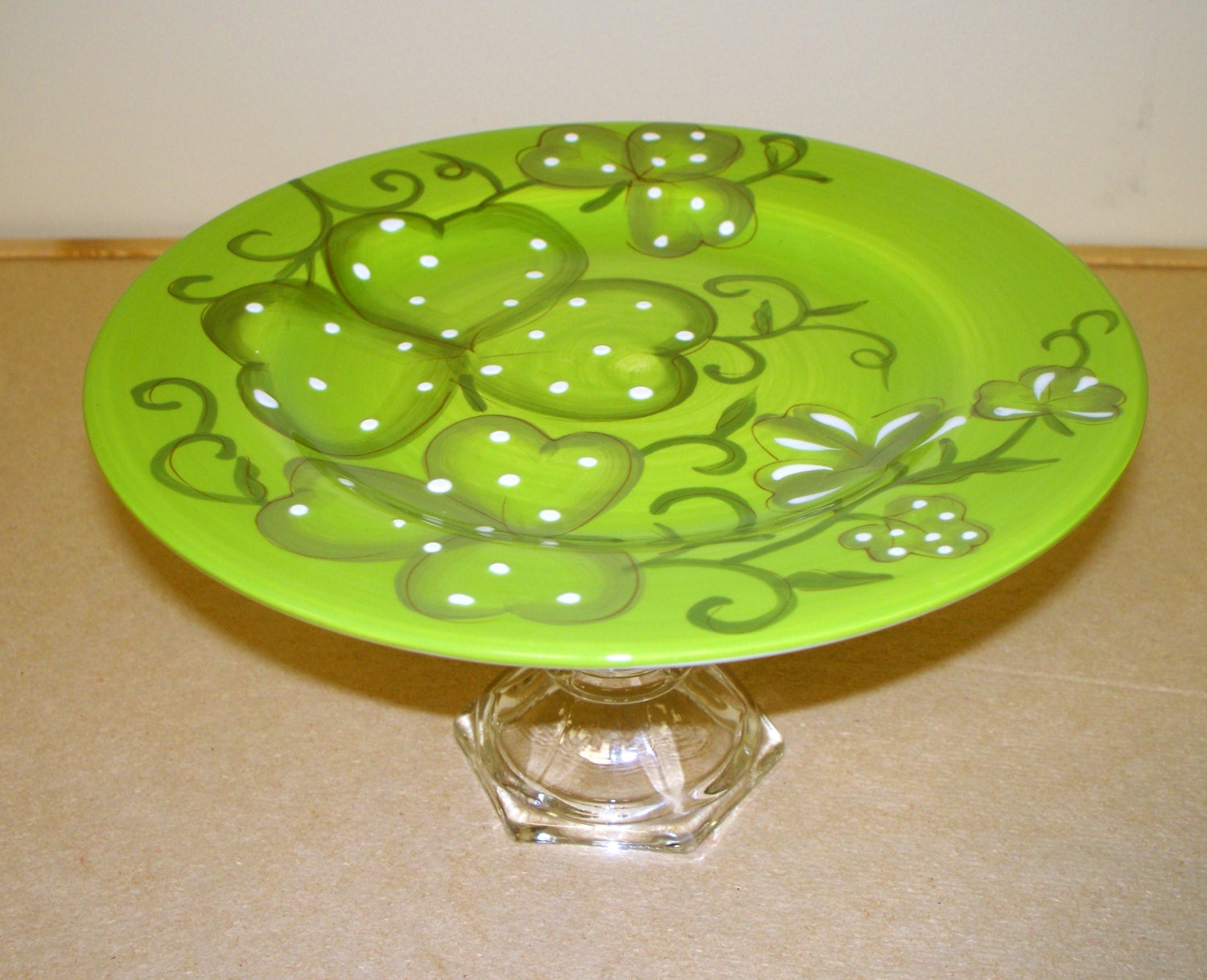 RESERVED Green Pedestal Plate, Cake Stand, Spring Clovers, Serving Dish