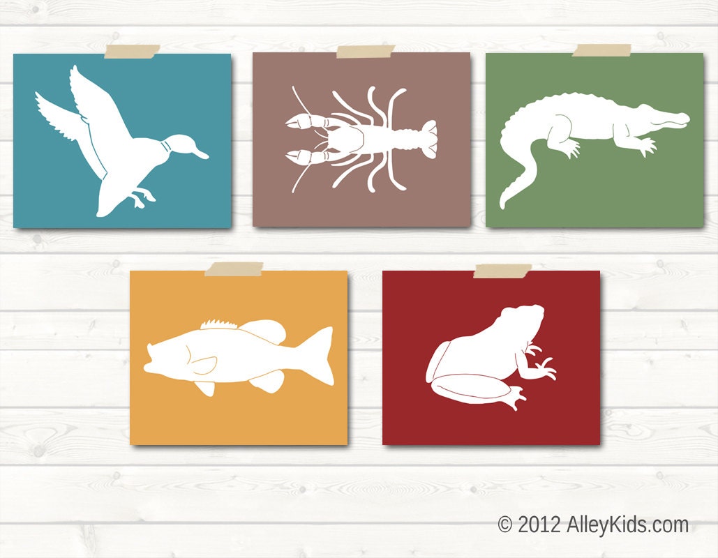 Nursery Art, Woodland Animals, Wetland Animals Duck, Alligator, Frog, Fish, Crayfish