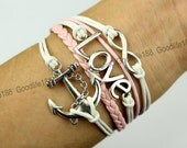 LOVE charm bracelet - anchor bracelet - infinity bracelet - ancient silver bracelet - pink - white leather cord - charm bracelet