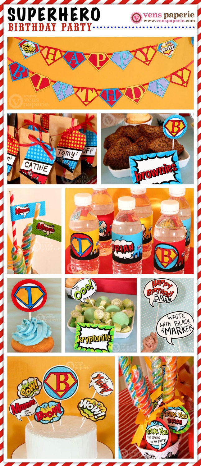Superhero Birthday Party Package Personalized FULL Collection Set - PRINTABLE DIY - PS825CA1x