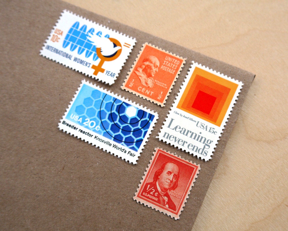 Vintage unused - Learning Never Ends - postage stamps to post 5 letters - or use in scrapbooking and crafts