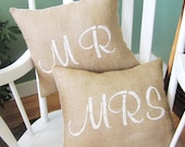 Burlap wedding pillows, custom burlap pillow, mr and mrs pillow, wedding gift, anniversary gift,  shabby chic, farmhouse, hand stenciled
