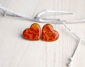Heart Shape Studs Earring - red with gold ornament heart - OksanaPiven