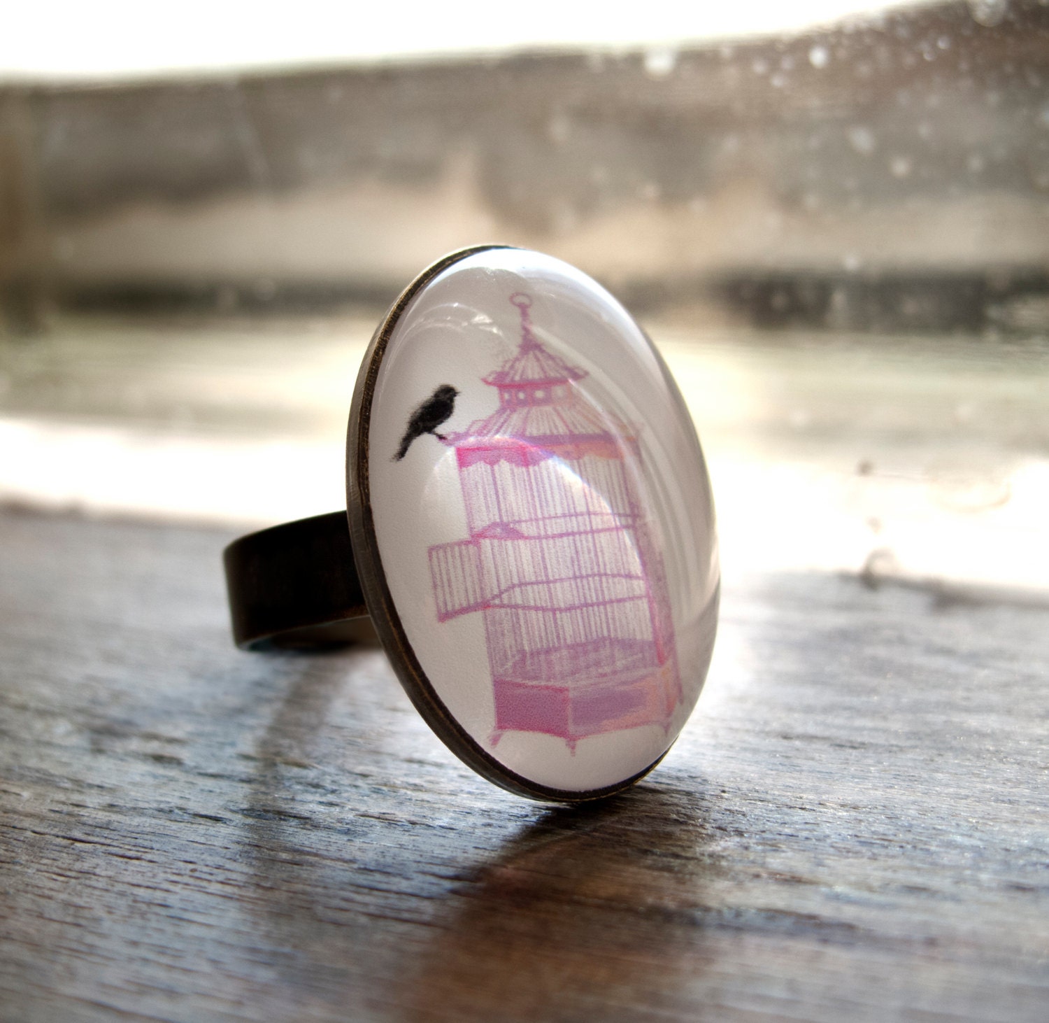 Antique Bronze Oval Cameo Adjustable Ring With Original Illustration of Black Bird Perched on a Pink Birdcage