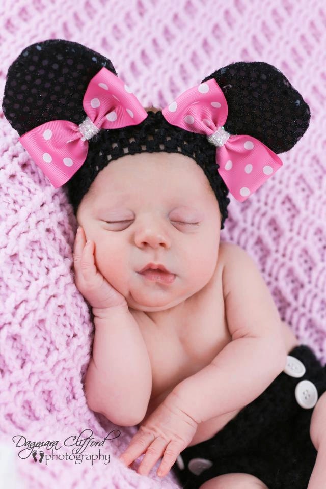 Minnie Mouse inspired Ear Hair Clips - Black Sequin Fabric with Bubble Gum Pink and White Polka Dotted Bows - Headband also included