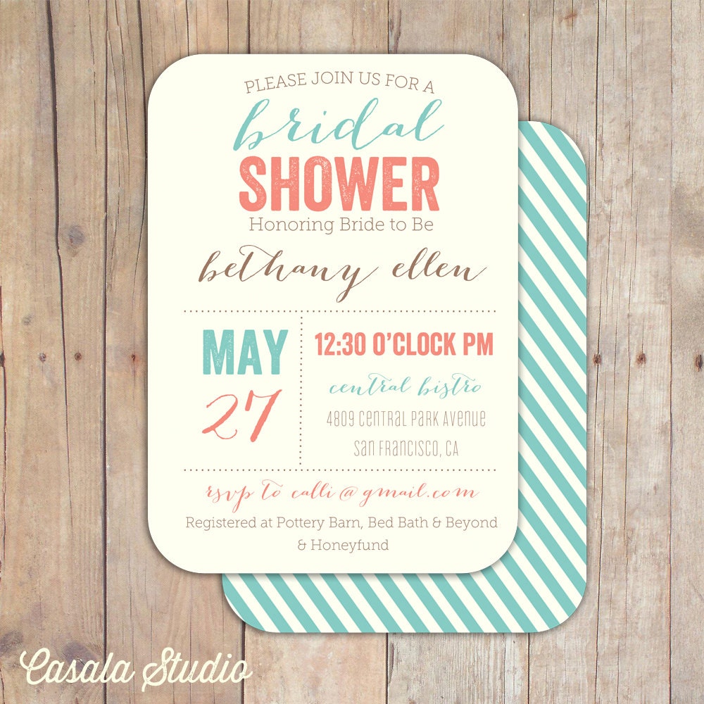 Vintage Boutique Bridal Shower Invitation Baby Shower Invite Coral and Turquoise Printable OR Printed Card