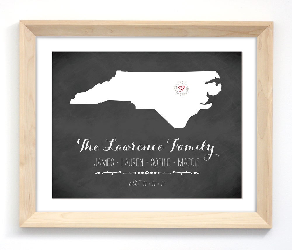 Chalkboard Art Print for Families - Personalized Wall Decor - North Carolina or Your Choice of State and Color