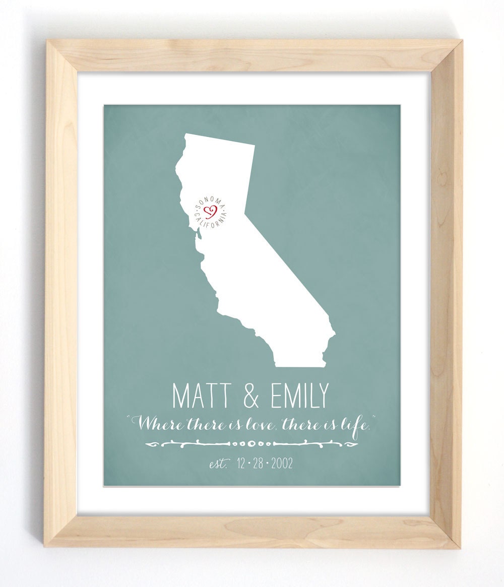 Chalkboard Wedding Print - Personalized State Map Wall Decor  - California or Your Choice of City, State, Colors