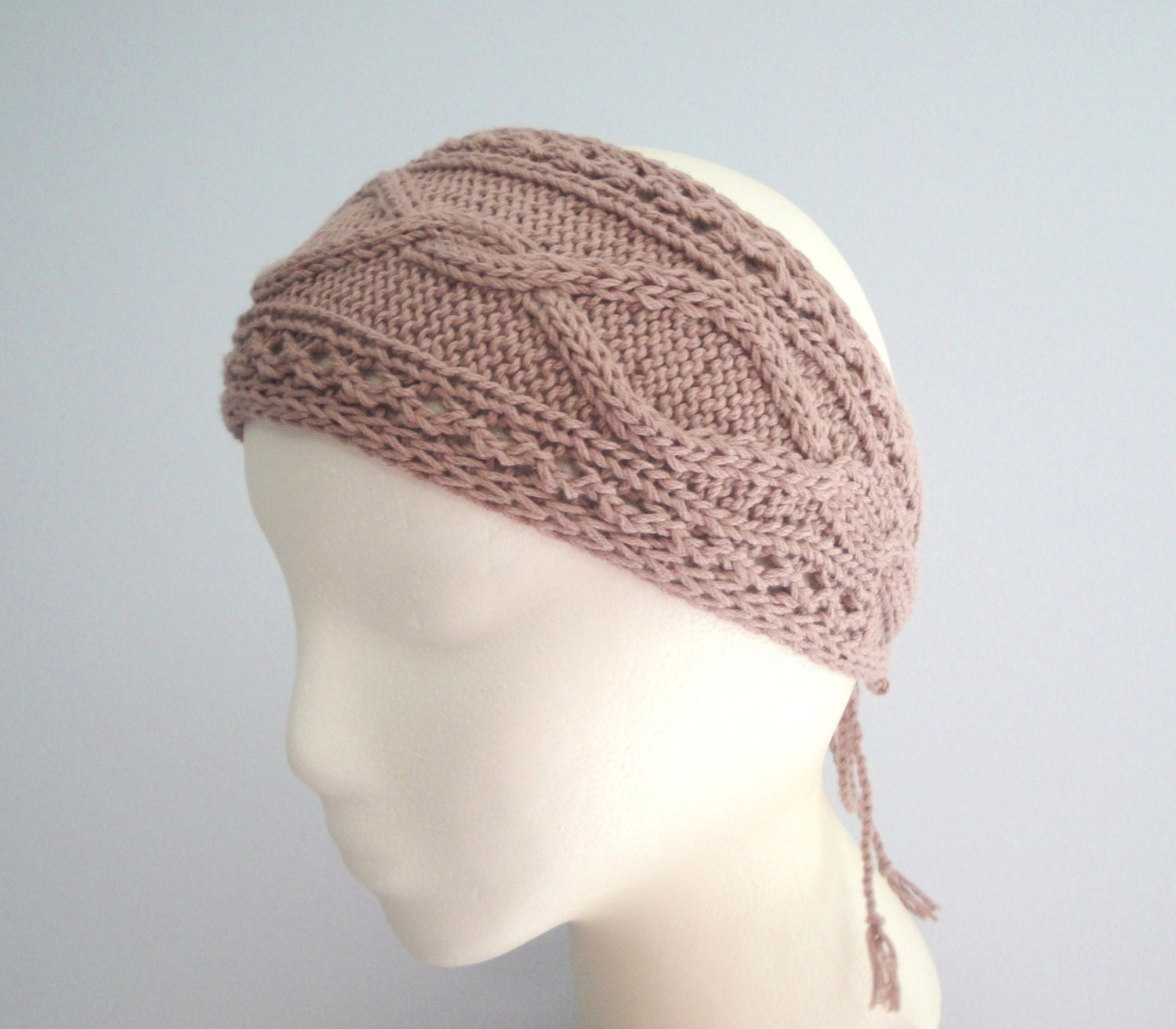 Summer Headband Hand Knit, Bandana, Pima Cotton & Silk, Mauve Accessory, Lace Cables, Headwrap Head Scarf, Hippie Boho Fashion, Gypsy Belt