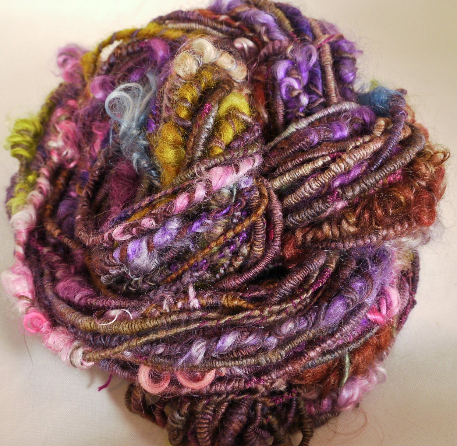 Handspun Art Yarn - Daphne  (65 yds)- merino,silk,( 50/50)  locks ( lincoln, mohair) ,  tencel thread
