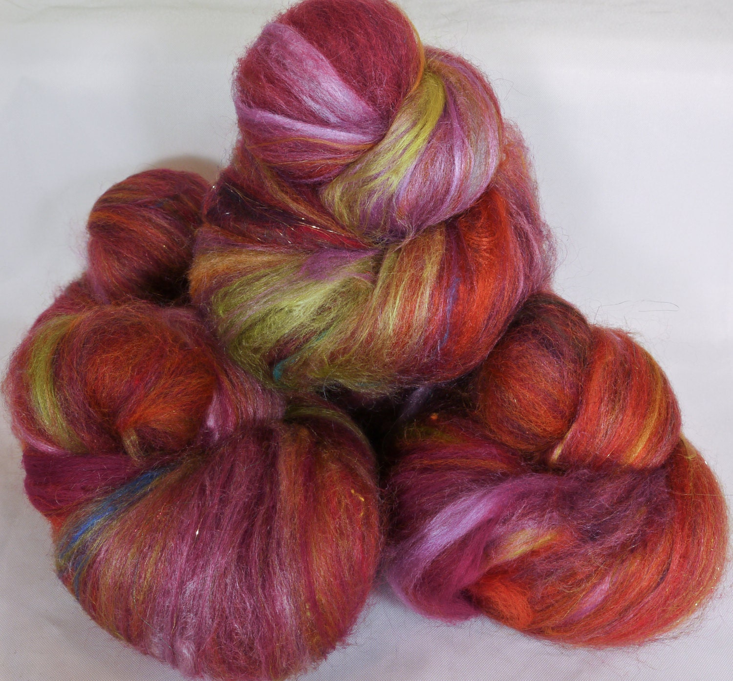 Fiber batts for spinning - Spiced Apples ( 4 oz. ) merino, bfl, alpaca, silk, bamboo, sari silk, angelina, firestar, silk noil