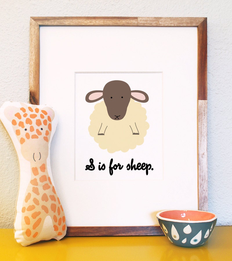 S is for sheep woodland animal portrait nursery illustration print 8x10