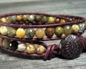Snakeskin Agate Double Leather Wrap Bracelet, Shabby Chic, Bohemian, Gemstone Leather Bracelet, Southwest Chic Jewelry