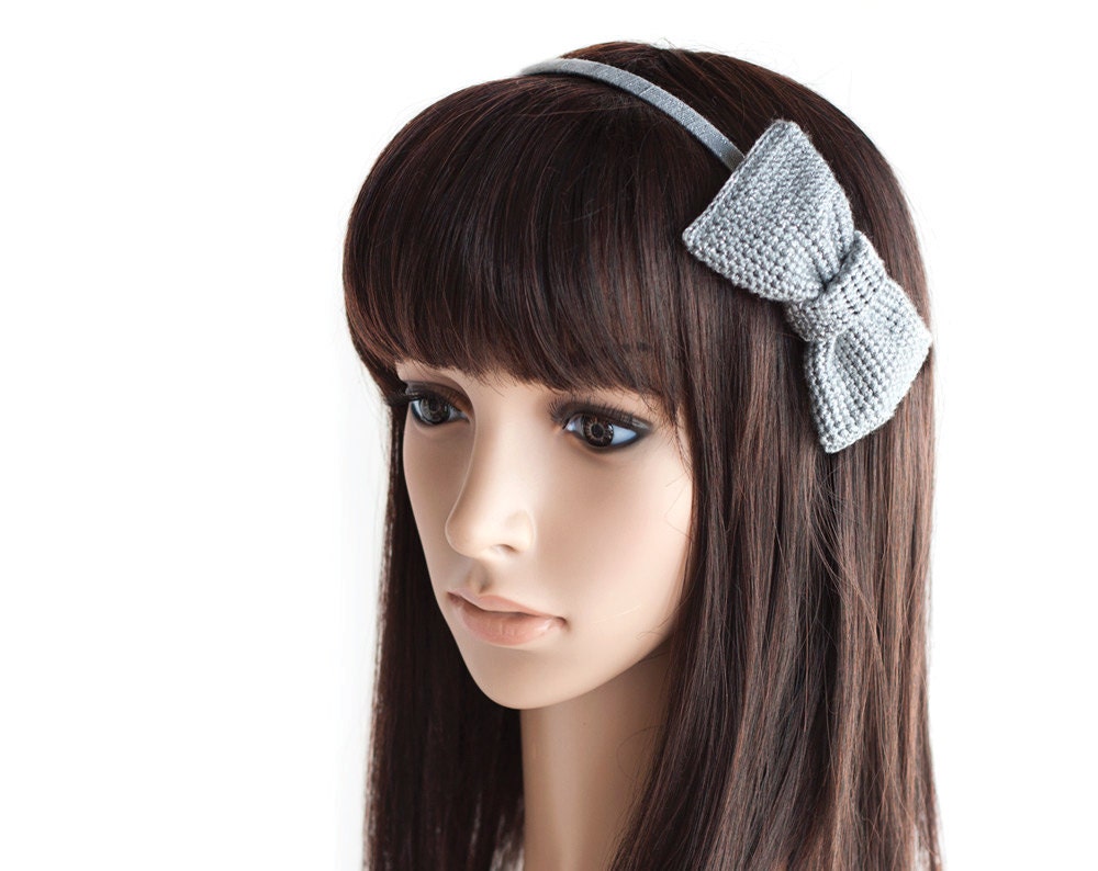 Big hair bow, Silver Bow, bow hairclip, Crochet Bow Headband, Hair Bow, Gray Bow, Crochet Bowband, Crochet Headband, Knit Bow, Bow Hairband.