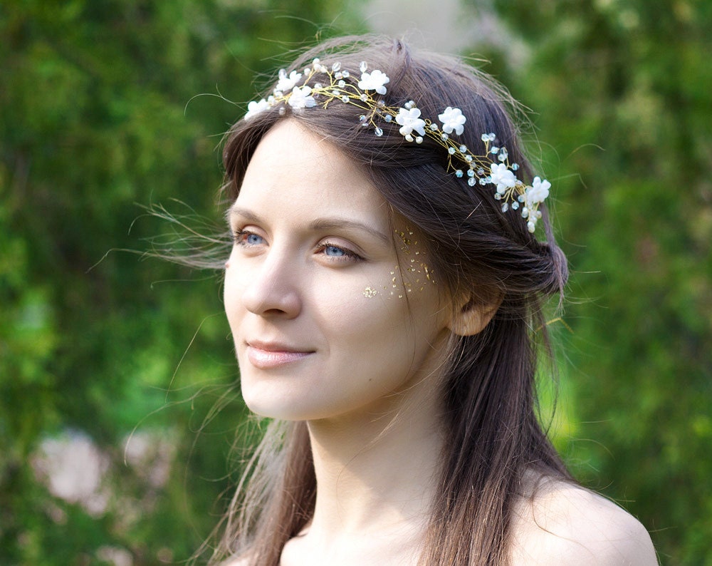 Bridal Headband, Freshwater Pearl and Crystals Bridal Headband, White Flower Wedding Headband, Wedding Bridal Hair Accessories