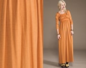 Vintage Burnt ORANGE MAXI 70s Empire Pleating Dress // Boho // Open Back //  Long Sleeves //
