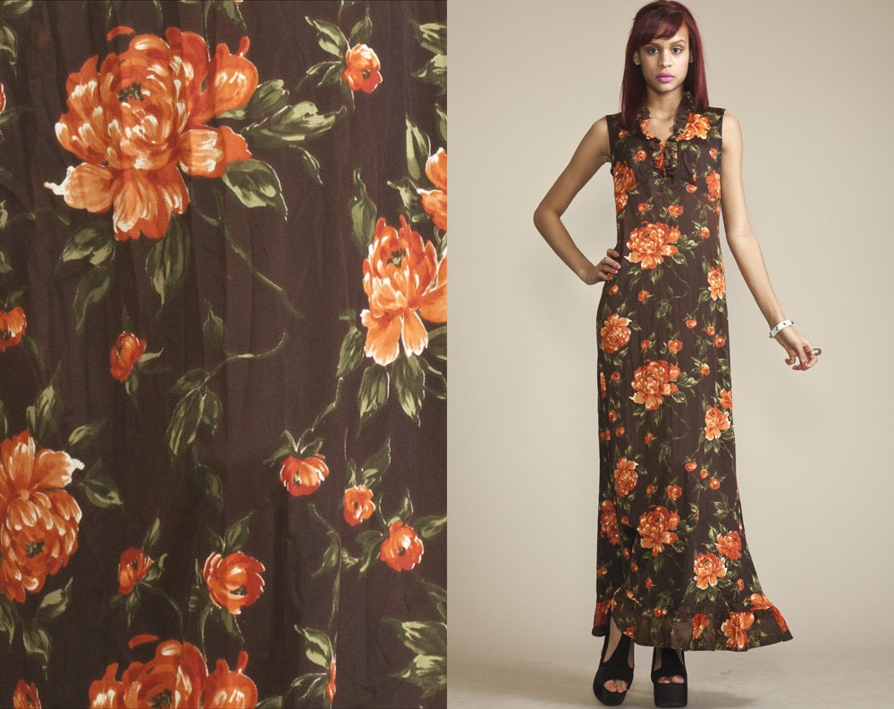 Perfect Vintage MAXI ROSE Print Ruffle 60s 70s Dress // Floral //