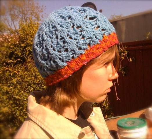 KNITTING PATTERN Diamond-In-Chains Lace Hat with Checkerboard Ribbed Band
