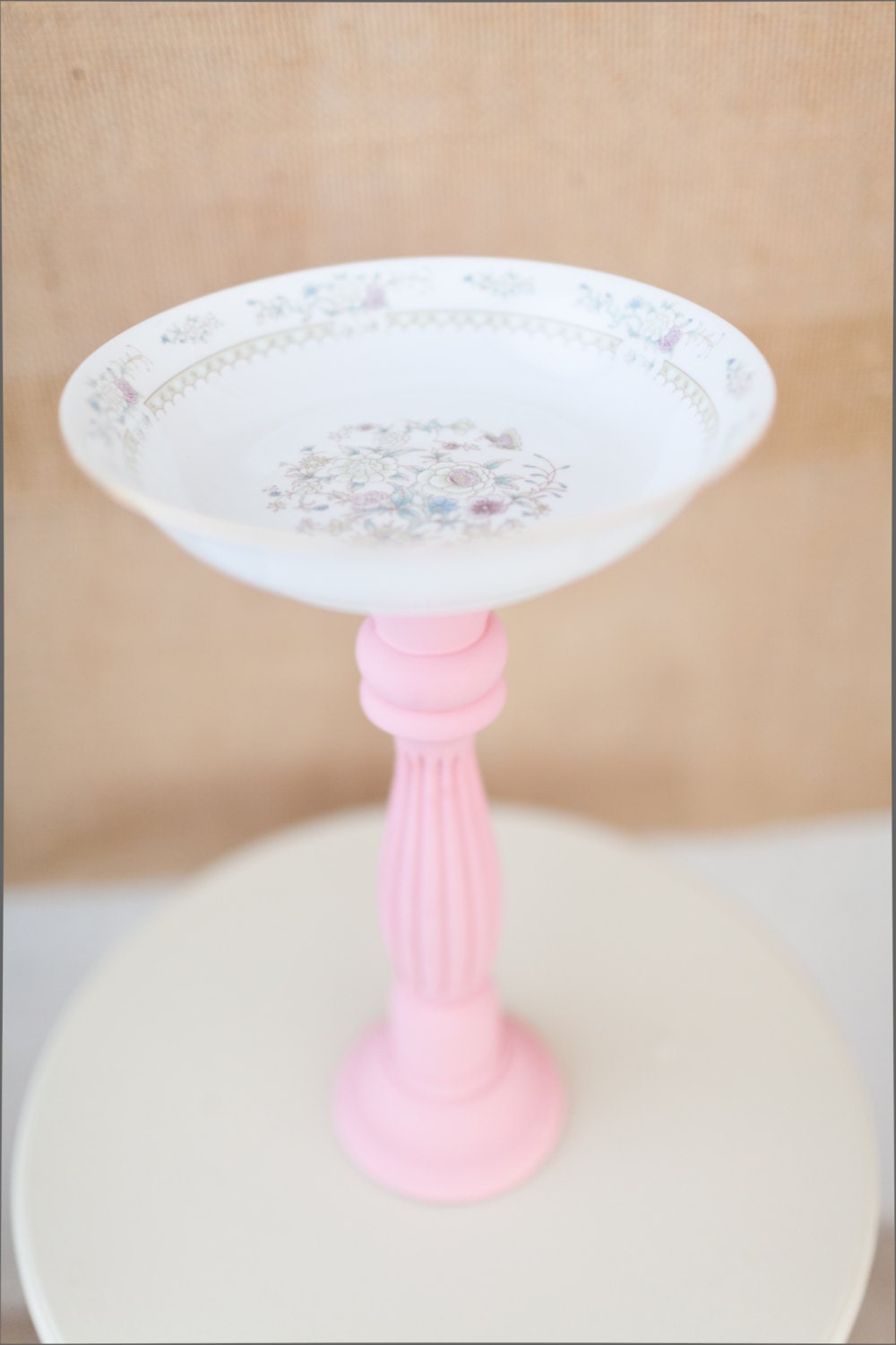 Vintage Dish and Pink Wooden Dessert Stand