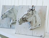 Patina Shabby Chic Horse Head Book Ends / White Carved Wood Horses