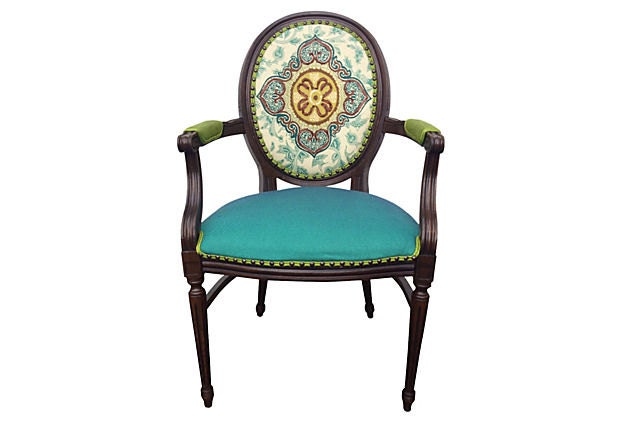 RESERVED Upholstered French Louis Arm Chair Modern Chic Aqua Teal Green Chartreuse Rustic Glam