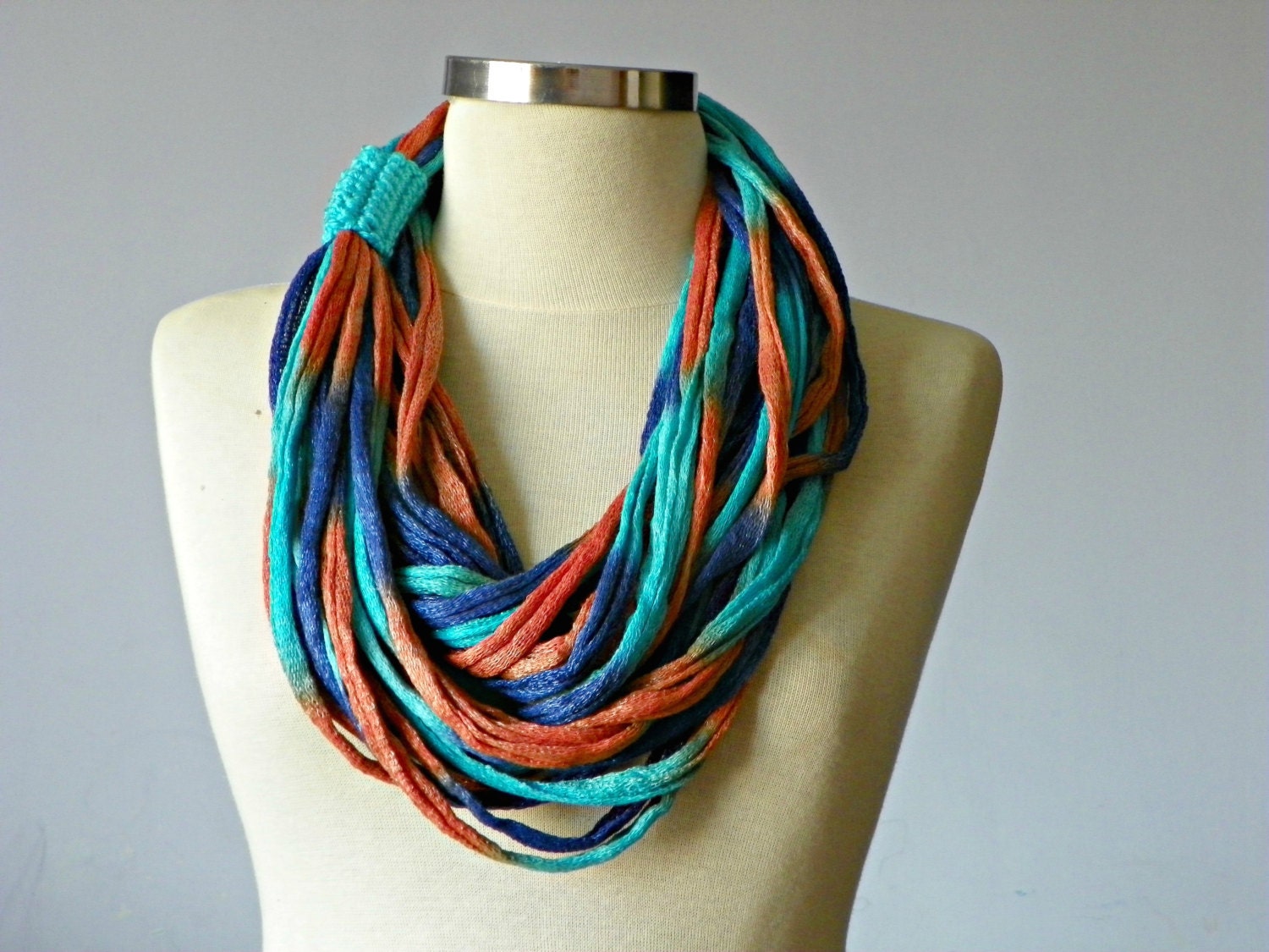 Spring and summer Infinity cotton scarf necklace cowl, brown turquoise blue cotton yarn, neckwarmer women accessories, chunky loop scarf