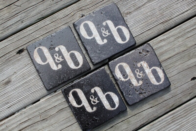 oil rubbed bronze stone coasters custom monogram initial wedding coasters favor rustic wedding gift groomsman gift
