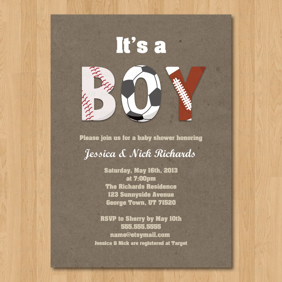 Sports Boy Baby Shower Invitation Digital Printable or Printed, ANY color ANY wording