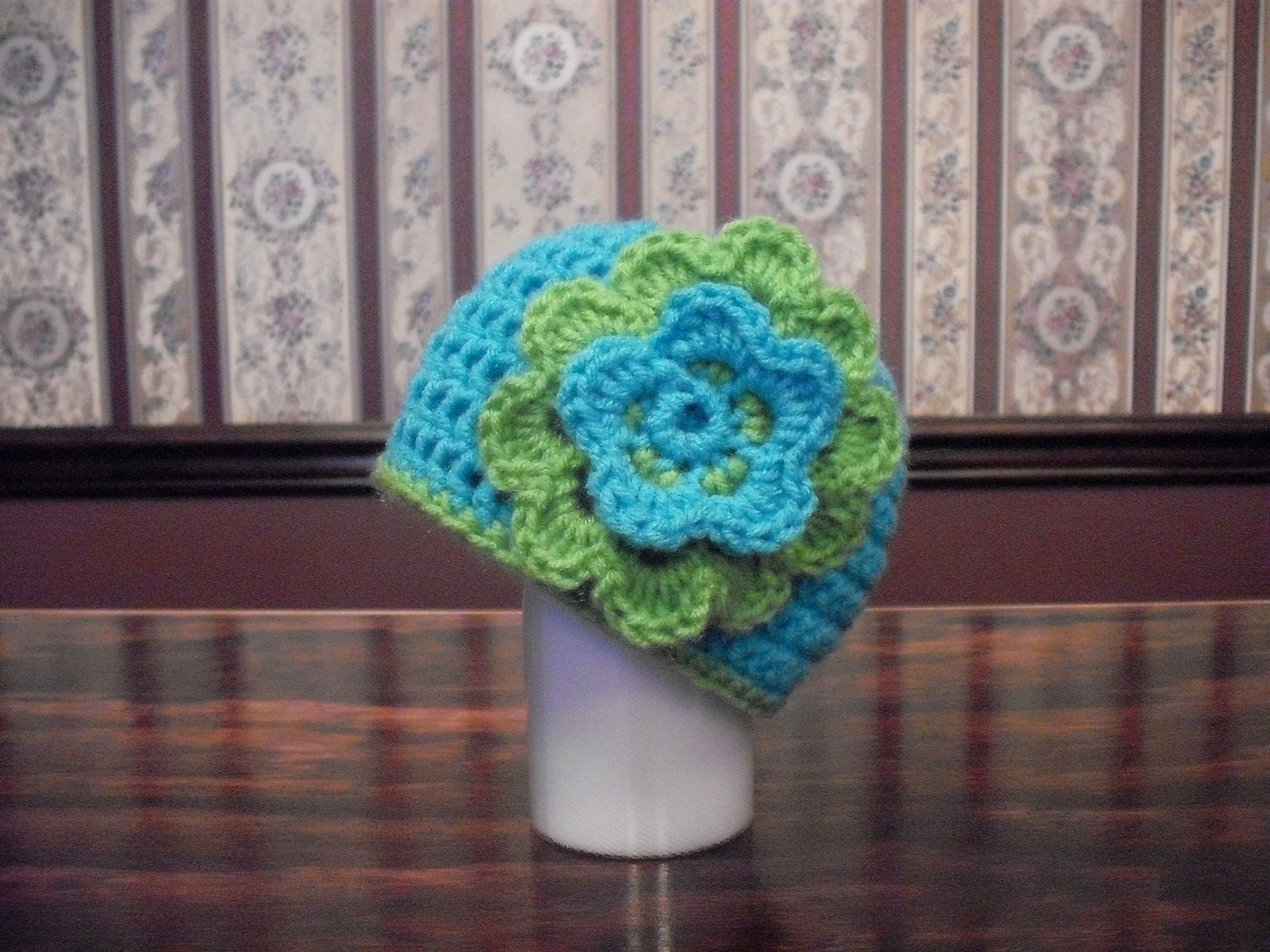 CHOOSE SIZE Toddler Child, Blue Turquoise, Lime Green Flower Beanie Hat, Photo Prop, Winter Girl Hat, Easter Hat, Spring Hat