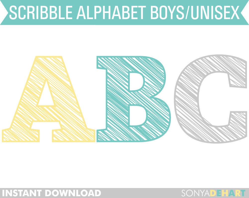 50% Off SALE Digital Alphabet Scribble Letters for Boys Unisex Clip Art Instant Download Il_170x135