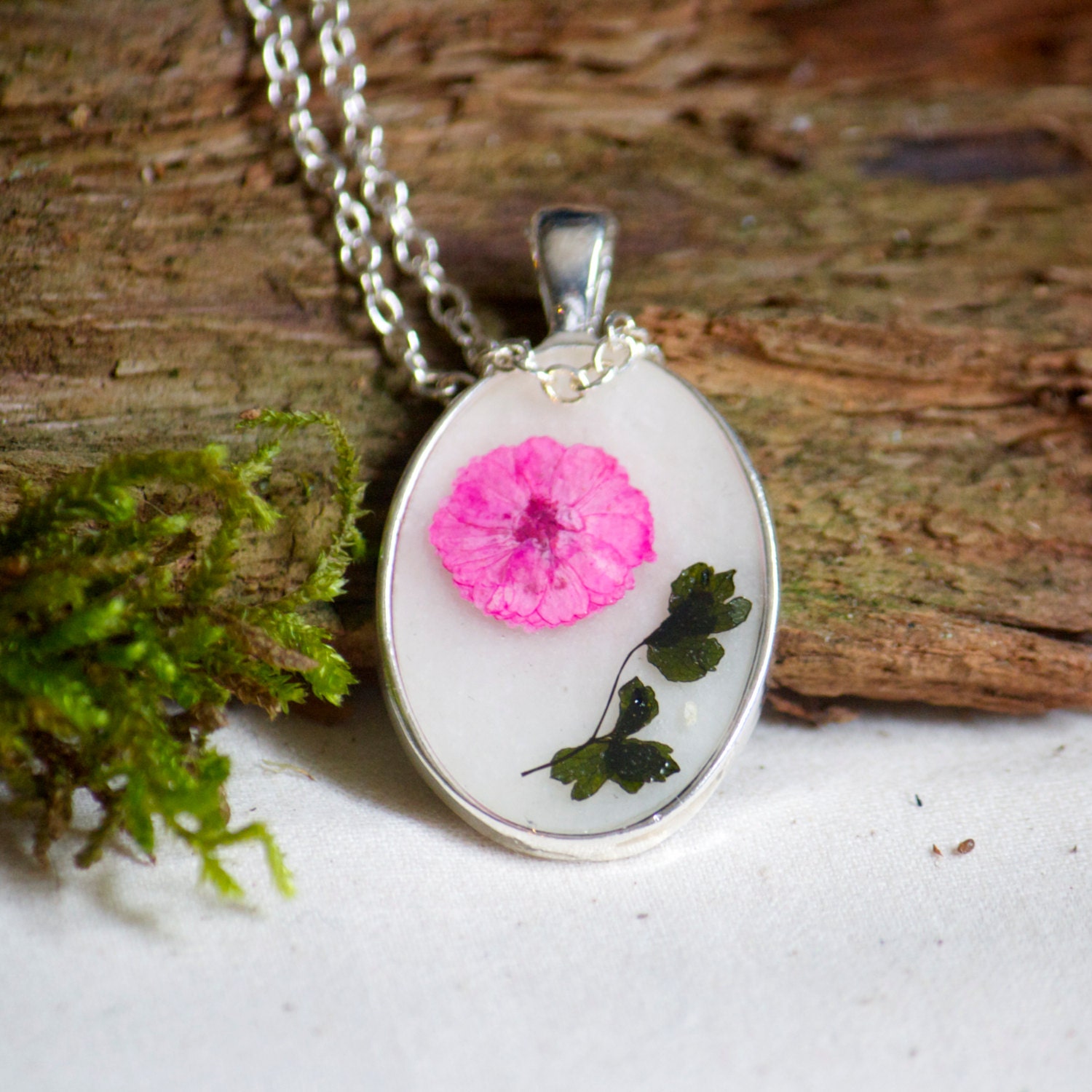 pressed flower necklace pink daisy and green fern resin jewelry shabby chic girly girl studiobotanica