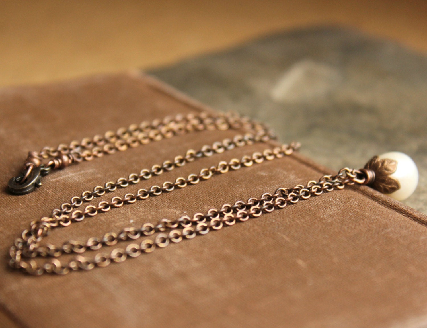 Vintage inspired ivory fresh water pearl pendant antique brass chain bronze copper--"Woodland"