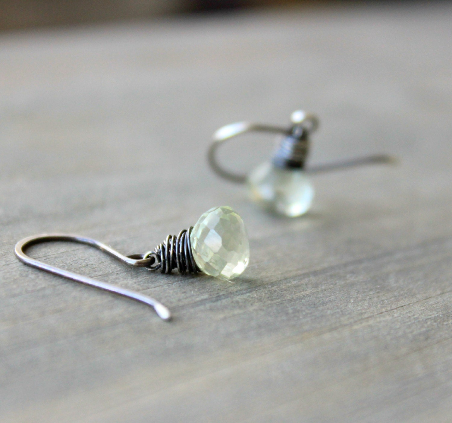 Pond  Green Amethyst Wire Wrap Earrings Sterling Silver Onion Briolette February birhtstone