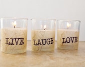 3 Wedding Votive Candles, LIVE, LAUGH, LOVE, Rustic Lighting,  by Green Orchid Design Studio