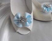 Handmade bow shoe clips with rhinestone center bridal shoe clips wedding accessories in light blue