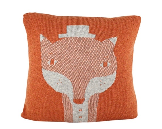 Decorative Pillow - Mr.Fox - soft knitted pillow - orange, ecru, 18x18, includes insert