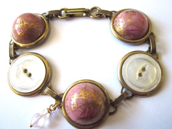 Antique button bracelet, pink/gold glass & mother-of-pearl shell buttons
