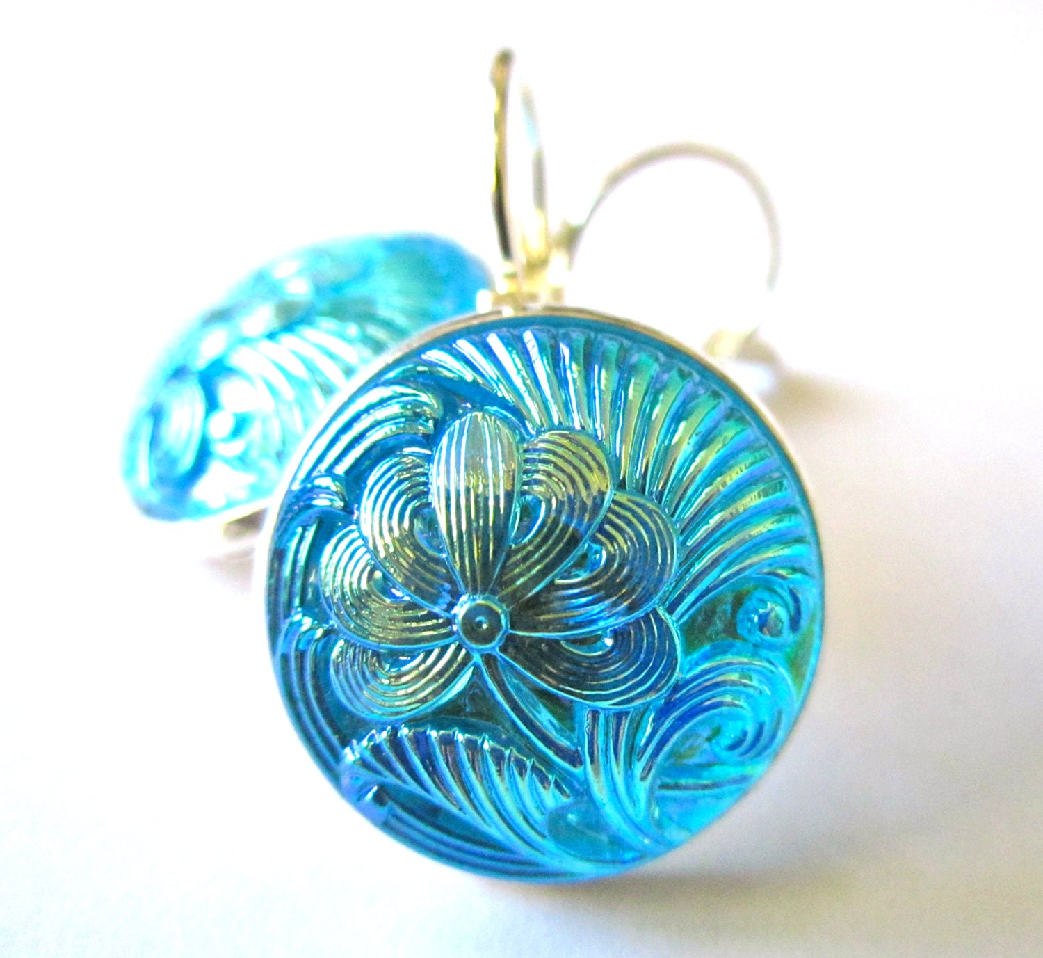 Vintage glass button earrings, iridescent aqua blue gingko flowers, silver leverbacks