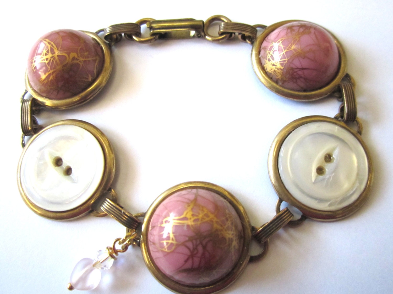 Antique button bracelet, pink/gold glass & mother-of-pearl shell buttons