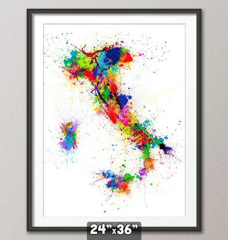 Paint Splashes Map of Italy Map, Art Print 24x36 inch (121)