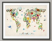 Animal Map of the World Map for children and kids, Art Print, 18x24 inch (60)