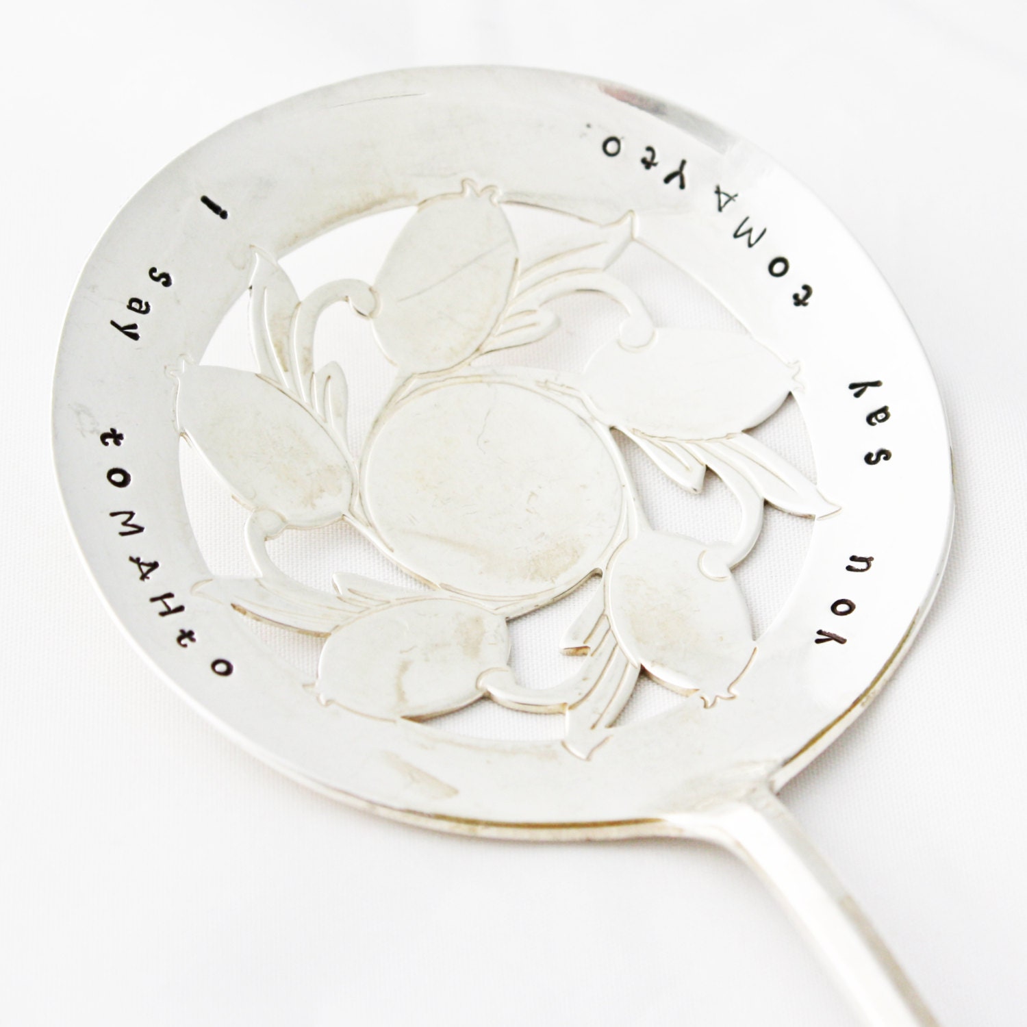 As Seen In Stitch Magazine, Tomato Sever- you say toMAYto, i say toMAHto. Vintage hand stamped tomato server for housewares and table decor