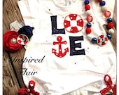 Nautical LOVE Custom Embroidered Girls Bubble Romper (6 Months-18 Months)  Navy - 4th of July - Anchor - Girls T-Shirt - Toddler Tee