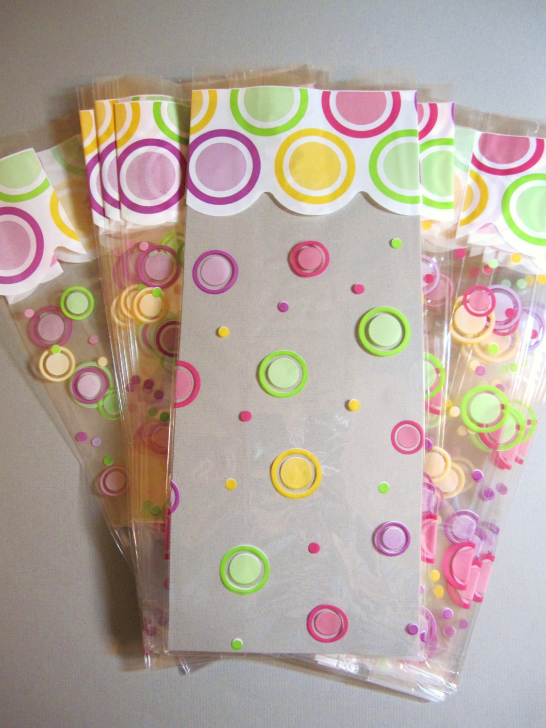 Whimsy Circle Print on Clear Cello Treat Bags Lime Yellow Pink Purple