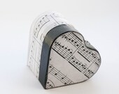 Hearts & Music Black Box - wooden heart box decoupaged with sheet music