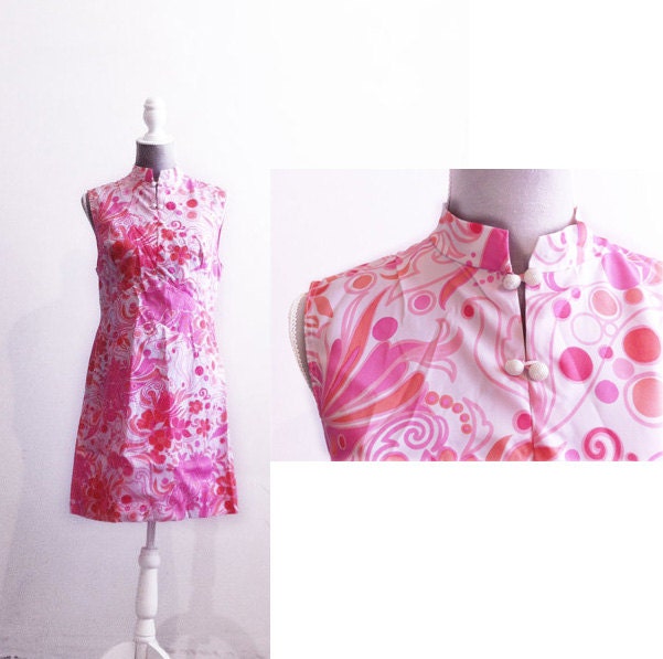 Vintage mini dress chinese style in pink 1970s