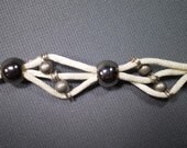 White Beaded Bracelet: Fabric Bracelet in White and Silver